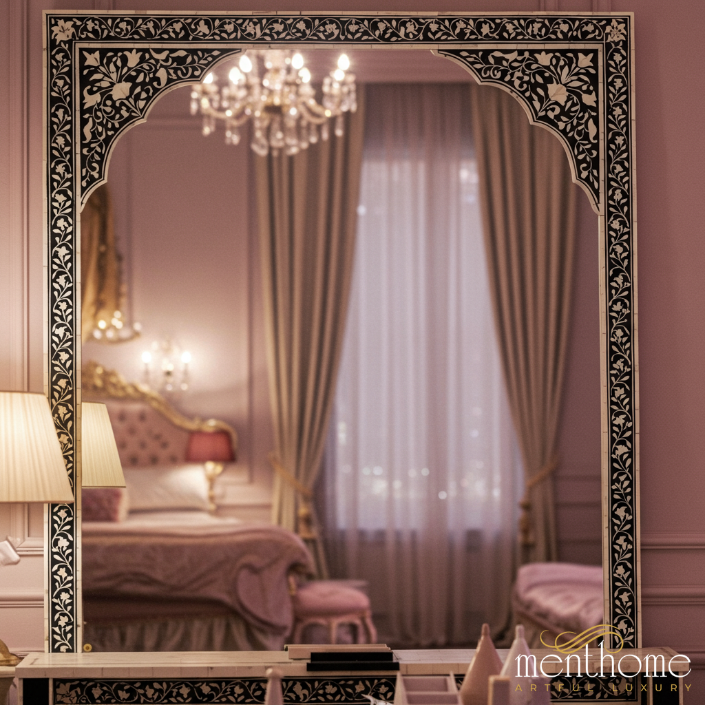 Elegant Ornate Wall Mirror with Floral Inlay | Luxury Handmade Mirror