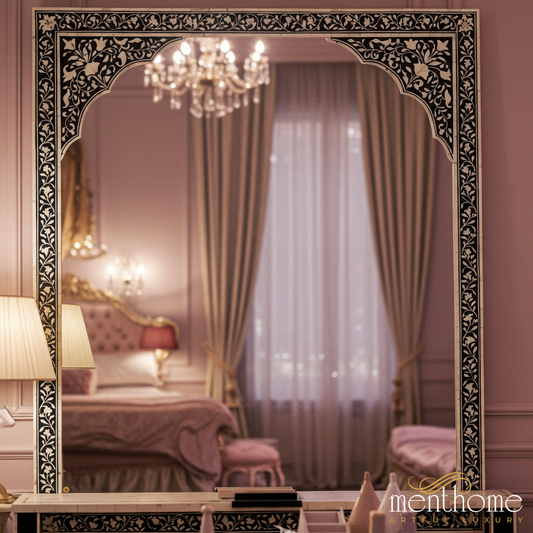 Elegant Ornate Wall Mirror with Floral Inlay | Luxury Handmade Mirror