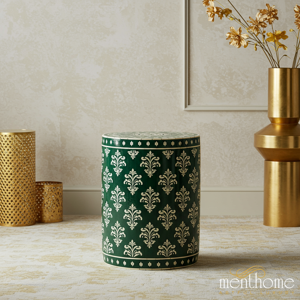 Green and Gold Patterned inlay Stool | Luxury Handmade Stool