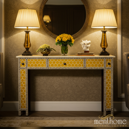 Elegant Honeycomb Pattern Console Table with Decorative Lamps | Luxury Handmade Console