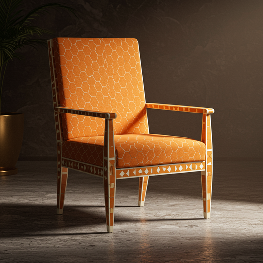 Inlay Chair with Orange Geometric Upholstery | Luxury Handmade Chair