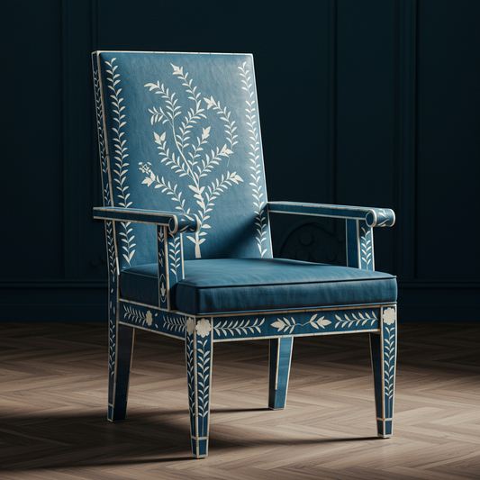Blue Floral Inlay Armchair | Luxury Handmade Chair