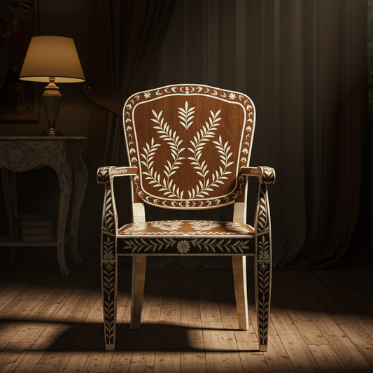 Elegant Inlay Wooden Armchair with Floral Motif | Luxury Handmade Chair