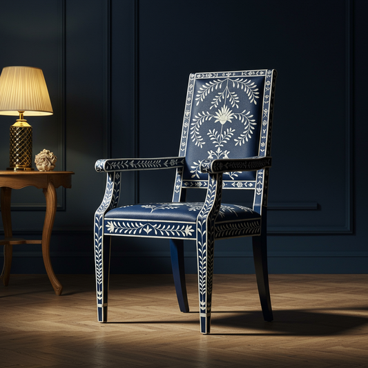 Elegant Blue Inlay Armchair with Floral Motif | Luxury Handmade Chair