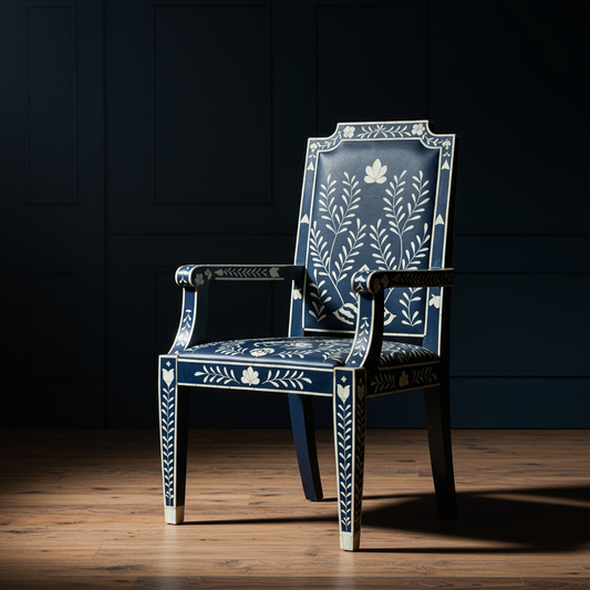 Elegant Navy Blue Inlay Chair with Floral Motif | Luxury Handmade Chair