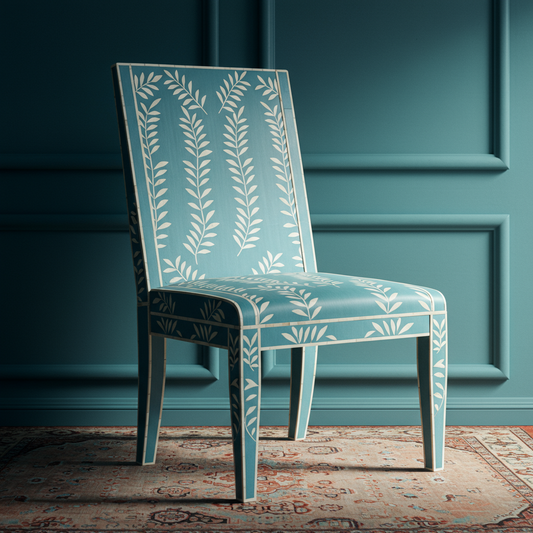 Elegant Blue Inlay Chair with Leaf Motif | Luxury Handmade Chair