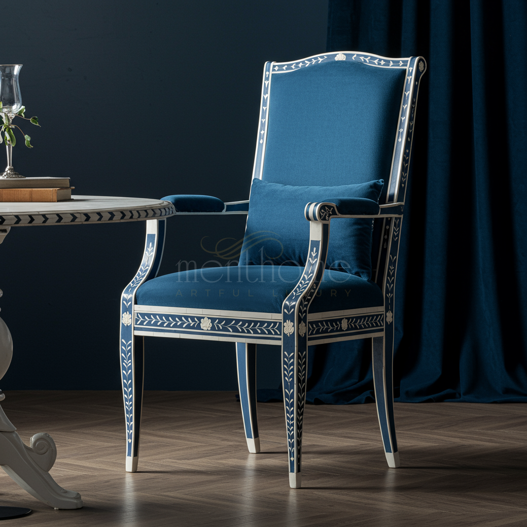 Artisanal Inlay Armchair in Elegant Blue Velvet | Luxury Handmade Chair