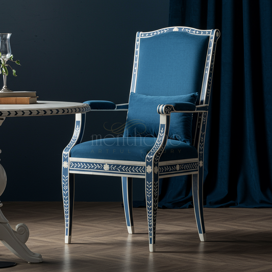 Artisanal Inlay Armchair in Elegant Blue Velvet | Luxury Handmade Chair