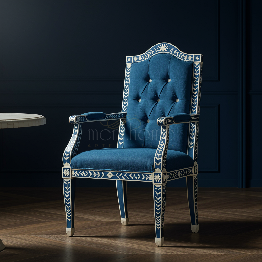 Indian Inlay Blue Inlay Blue Upholstered Armchair | Luxury Handmade Chair – Menthome India