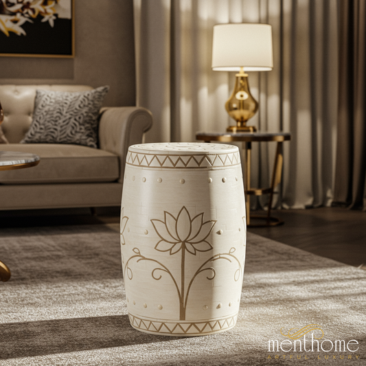 inlay Drum Garden Stool with Lotus Design | Luxury Handmade Stool