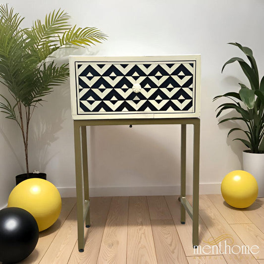 Monochrome Mirage — Artisanal Resin Zigzag One-Drawer Bedside Table with Brushed Brass Frame | Luxury Handmade Bedside Table