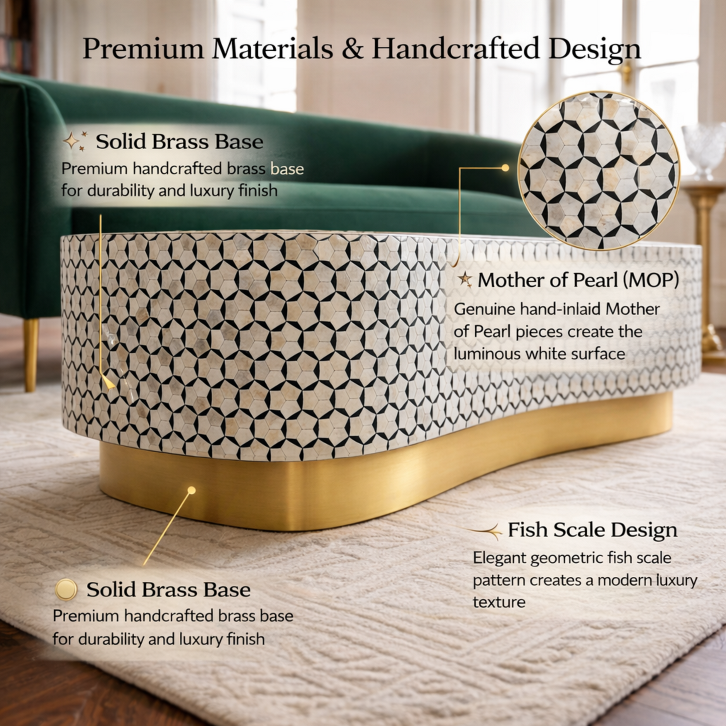 Luxury MOP Inlay Oval Coffee Table with Brass Base – Handcrafted Geometric Living Room Coffee Table