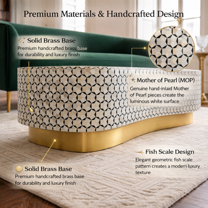 Luxury MOP Inlay Oval Coffee Table with Brass Base – Handcrafted Geometric Living Room Coffee Table