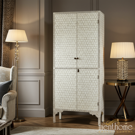 Elegant White Bone Inlay Storage Cabinet | Luxury Handmade Cabinet
