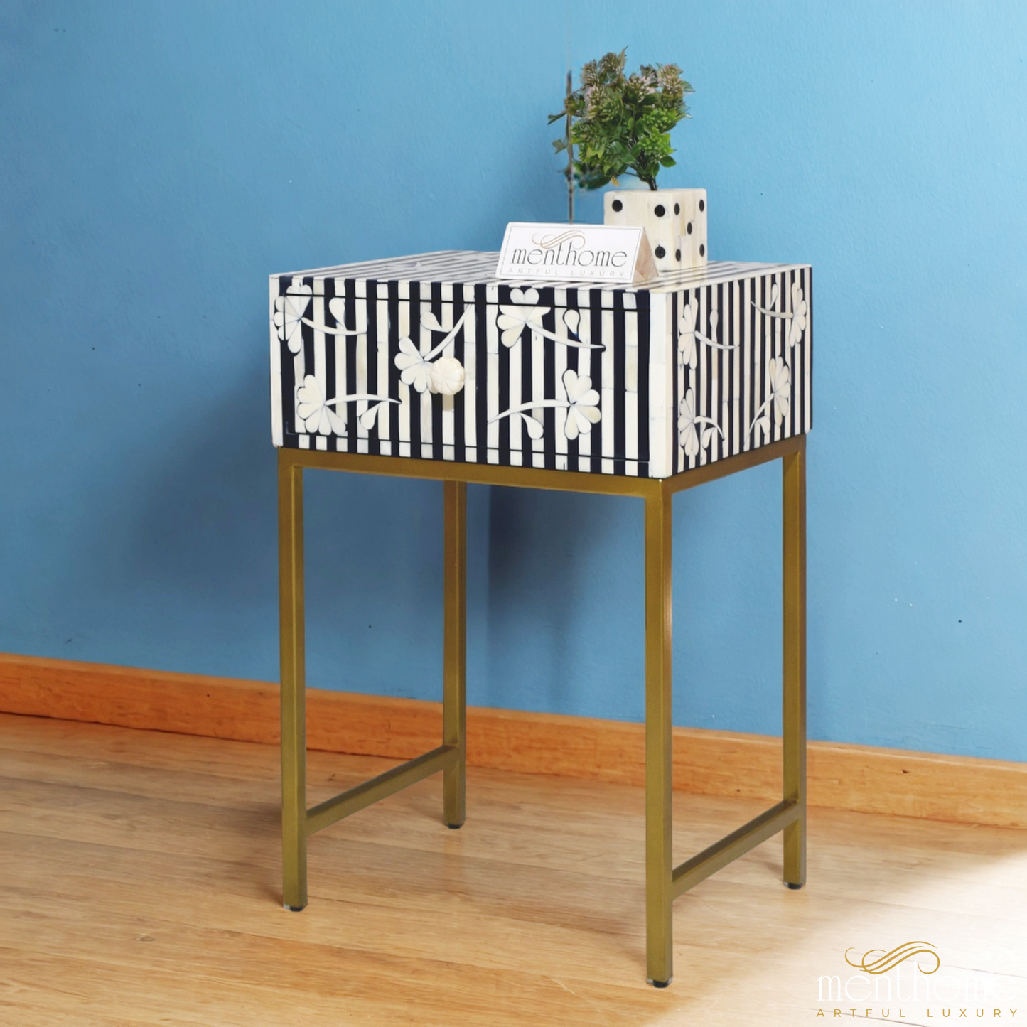 Bone Inlay Floral Waterfall Bedside table Navy Blue with Brass Leg | Luxury Handmade Bedside Table