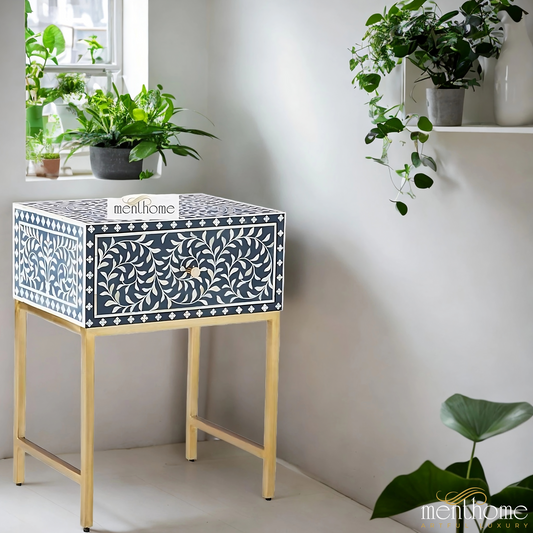 Bone inlay handmade orange bedside table, Bone inlay orange night stand, Bone inlay side table, Bone inlay furniture, Bone inlay lamp stand | Luxury Handmade Bedside Table