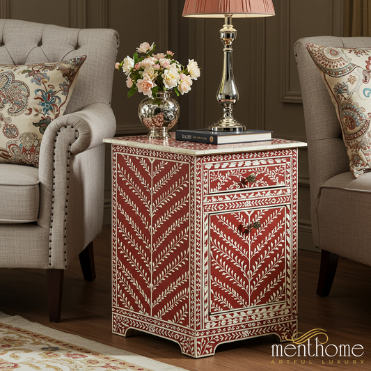 Handcrafted Red Bone Inlay Side Table with Storage | Luxury Handmade Bedside Table