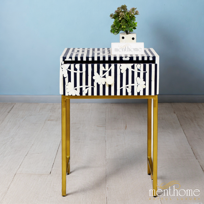 Bone Inlay Floral Waterfall Bedside table Navy Blue with Brass Leg | Luxury Handmade Bedside Table
