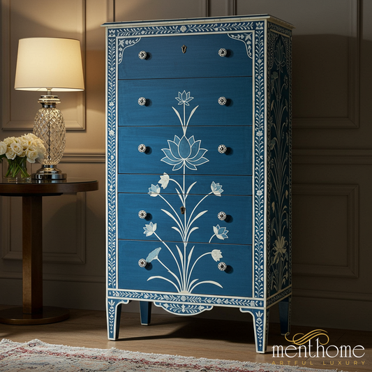 Blue Hand-Painted Floral Chest of Drawers | Luxury Handmade Tallboy