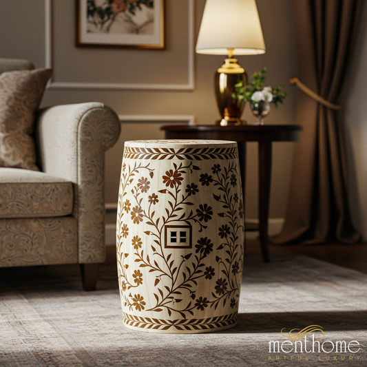 Hand-Carved Floral Wooden Side Table Stool | Luxury Handmade Stool