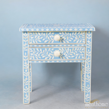 Handmade Blue Bone Inlay Bedside Table Wooden Table | Luxury Handmade Bedside Table
