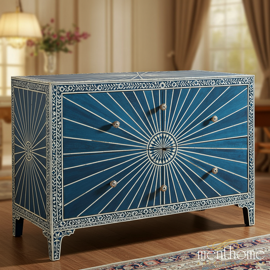 Blue Sunburst Inlaid Wooden Dresser | Luxury Handmade Dresser