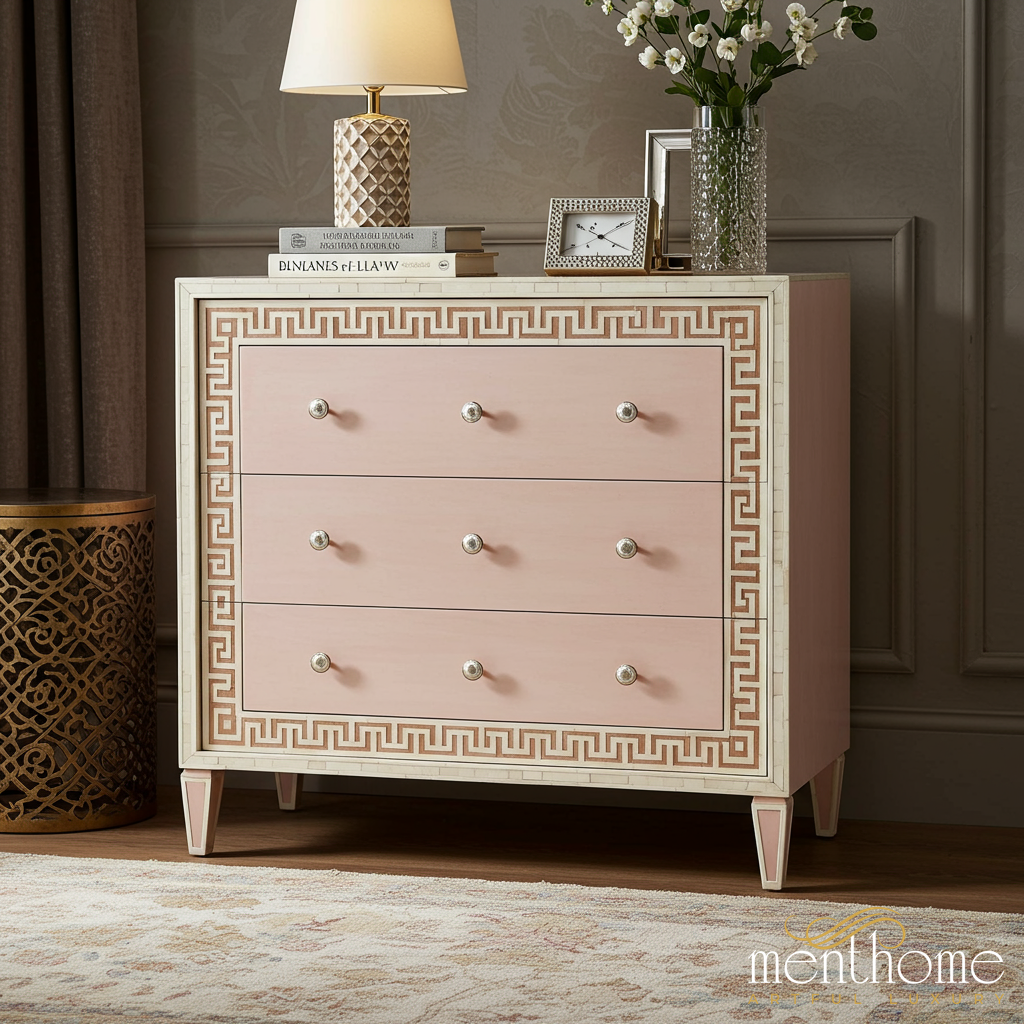 Pink and White Decorative 3-Drawer Chest | Luxury Handmade Dresser