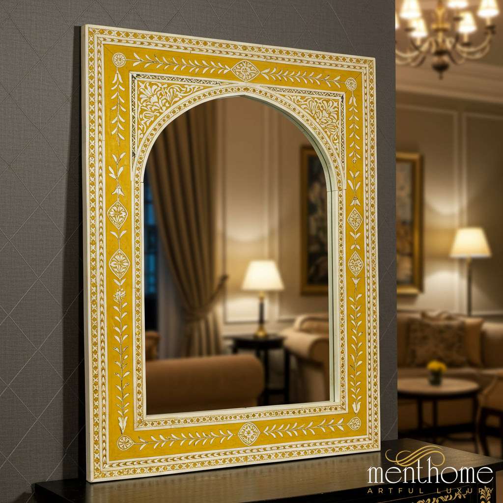 Elegant Yellow and White Hand-Painted Decorative Wall Mirror | Luxury Handmade Mirror