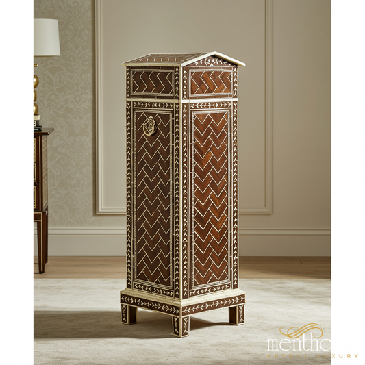 Handcrafted Wooden Tall Cabinet with Inlay Design | Luxury Handmade Tallboy