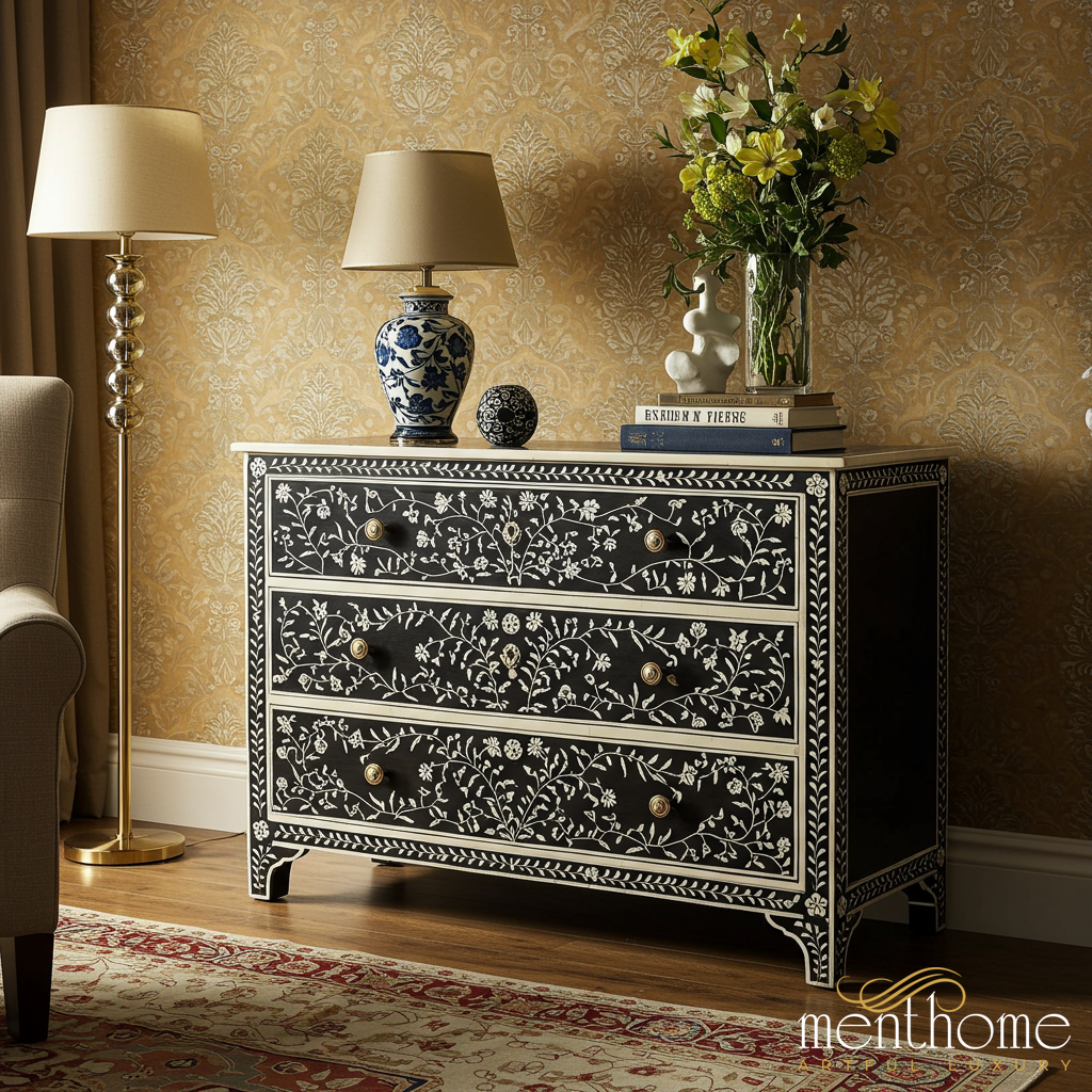 Hand-Painted Floral Bone Inlay Dresser Chest | Luxury Handmade Dresser