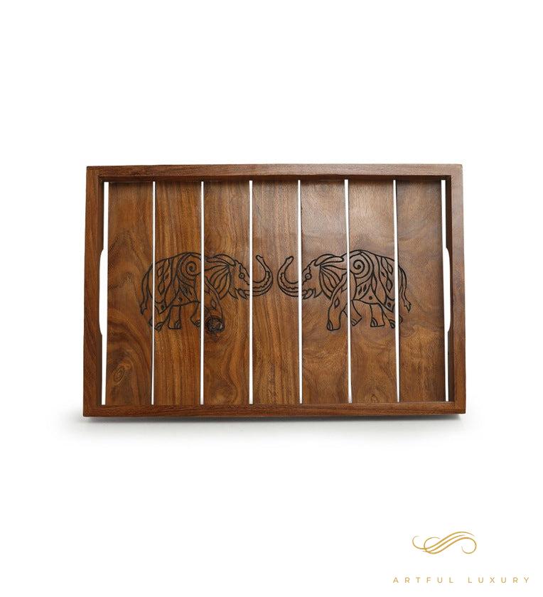 Ethereal Elephants Brown Sheesham Wood Serving Tray | Luxury Handmade Trays