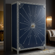 Navy Blue Painted Armoire with Sunburst and Floral Inlay Design | Luxury Handmade Wardrobe