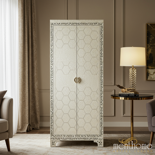 Elegant White Bone Inlay Storage Cabinet | Luxury Handmade Cabinet