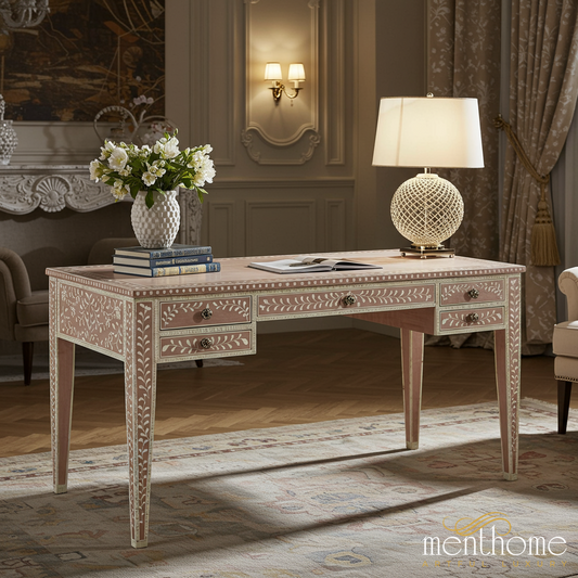Handcrafted Blue and White Floral Inlay Wooden Table | Luxury Handmade Desk