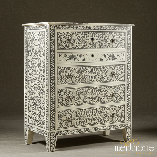 Handcrafted Floral Inlay Bone Chest of Drawers | Luxury Handmade Tallboy