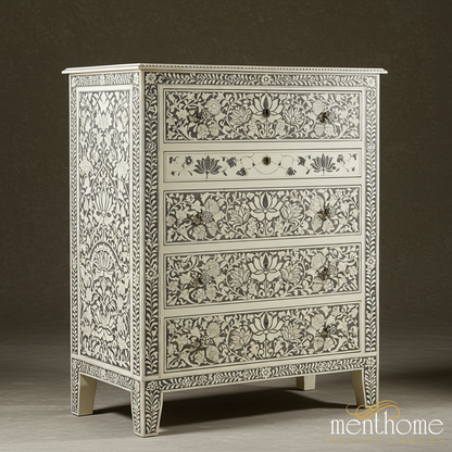 Handcrafted Floral Inlay Bone Chest of Drawers | Luxury Handmade Tallboy