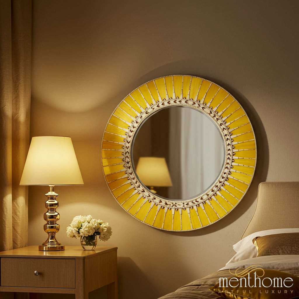 Round Decorative Wall Mirror with Yellow Sunburst Frame | Luxury Handmade Mirror