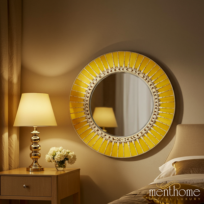 Round Decorative Wall Mirror with Yellow Sunburst Frame | Luxury Handmade Mirror