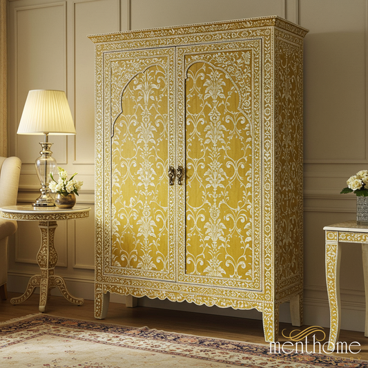 Handcrafted Bone Inlay Double Door Wardrobe | Luxury Handmade Cabinet