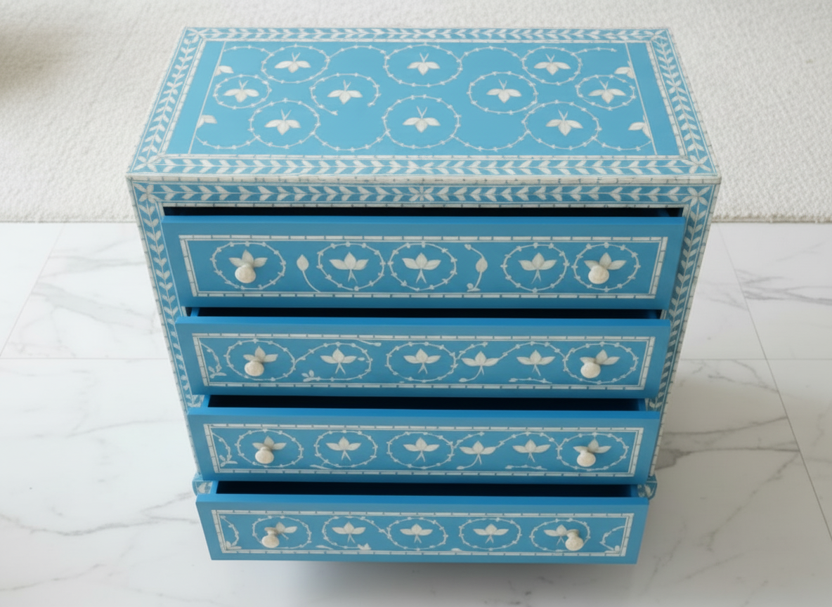 Luxury Blue Inlay Chest of Drawers – Handcrafted Floral Design, 4 Drawer Storage Cabinet