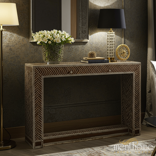 Elegant Brown Console Table with Intricate White Pattern | Luxury Handmade Console