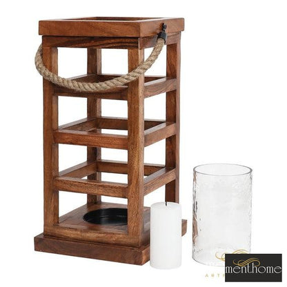 Rectangular Wooden Lantern With Jute Rope Candle Holder | Luxury Handmade Candle Holder