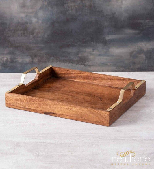 Plaid Brown Teak Wood Serving Tray | Luxury Handmade Trays