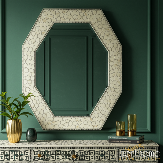 Octagonal Decorative Wall Mirror with Bone Inlay Frame | Luxury Handmade Mirror
