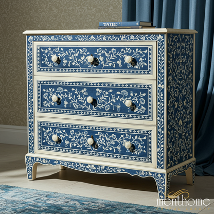 Hand-Painted Blue Floral Wooden Chest of Drawers | Luxury Handmade Chest of Drawer