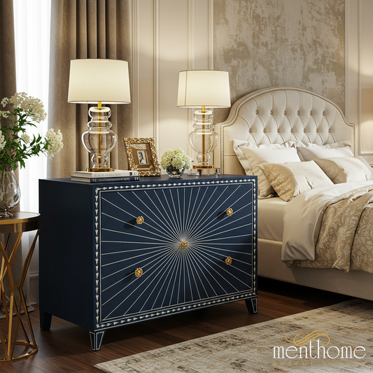 Elegant Navy Blue Sunburst Patterned Chest of Drawers | Luxury Handmade Dresser