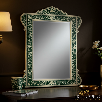 Ornate Floral Pattern Green and Cream Wall Mirror | Luxury Handmade Mirror