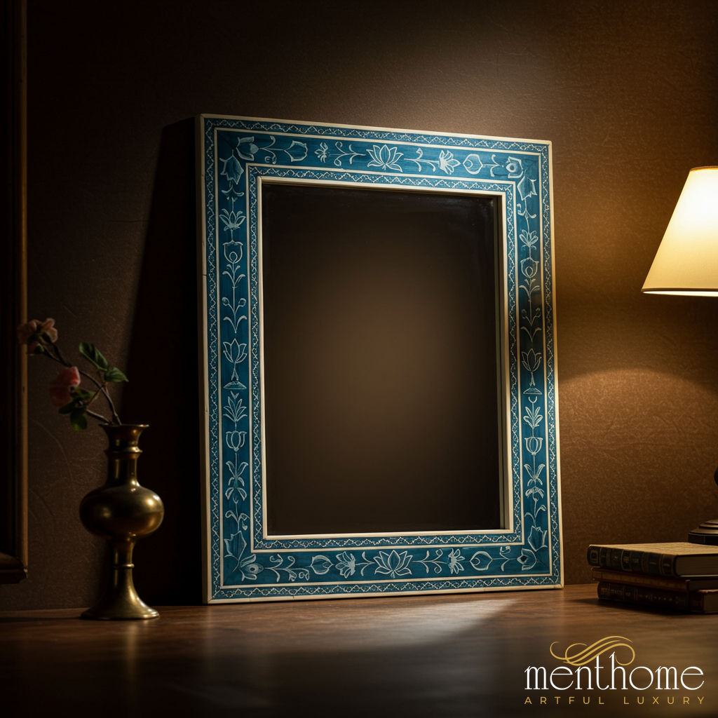 Elegant Blue Floral Decorative Wall Mirror | Luxury Handmade Mirror