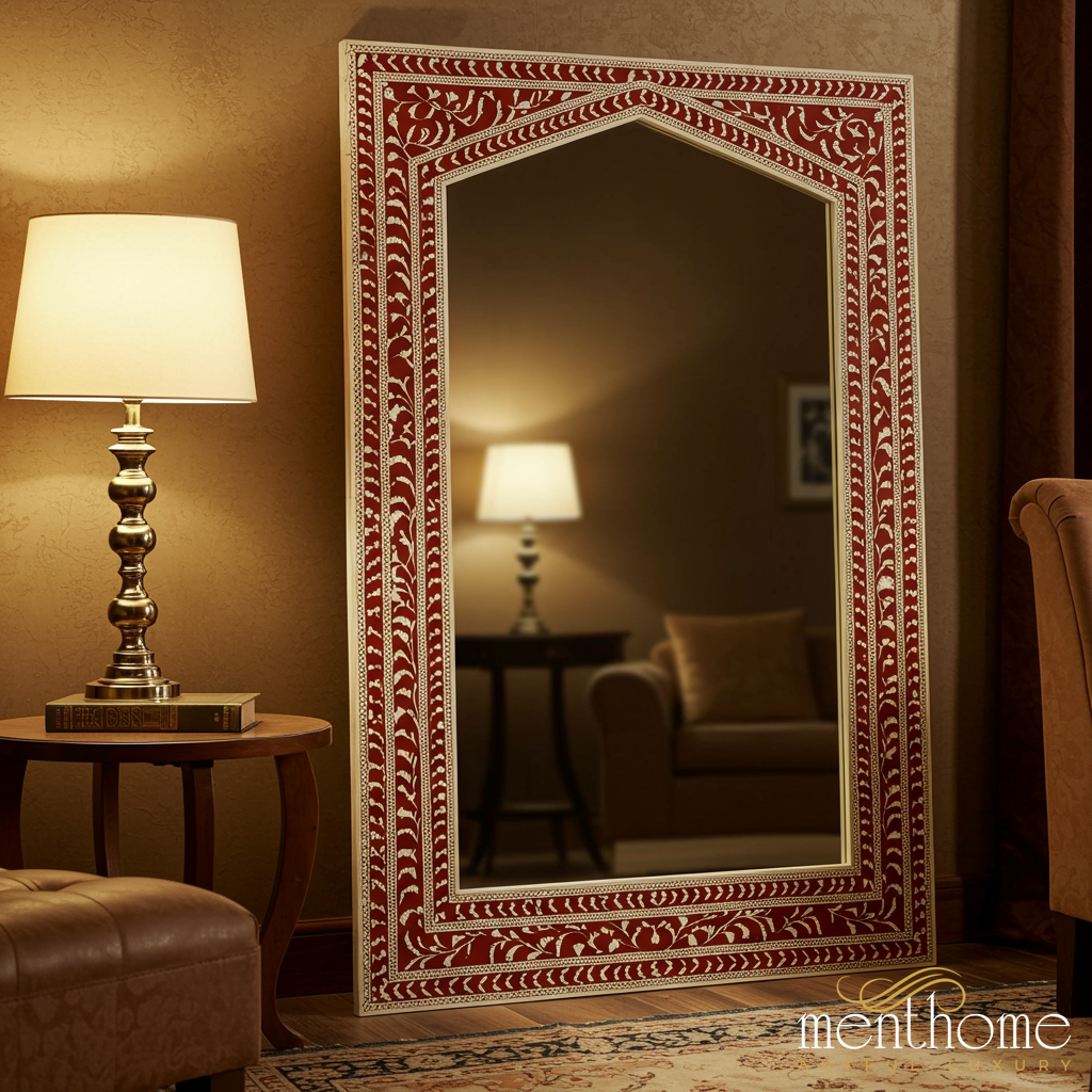 Traditional Ornate Red and White Decorative Floor Mirror | Luxury Handmade Mirror