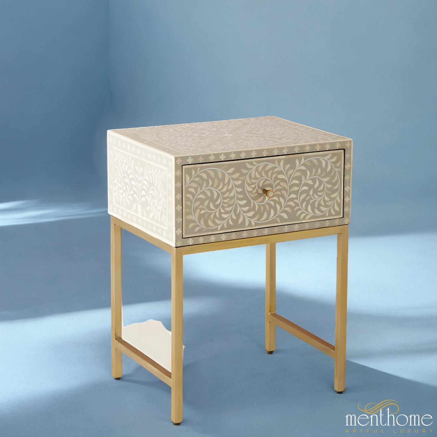 Metal Stand Floral Nightstand Bone Inlay One Drawer | Luxury Handmade Bedside Table